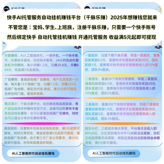 千脉乐赚AI挂机快手 日赚28.8元 提现秒到 股东分红80%(5)