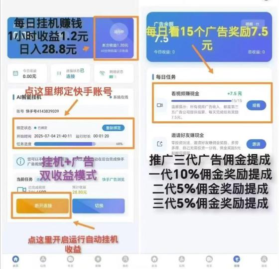千脉乐赚，快手挂机离线，后台日赚36元，静态回本快(3)